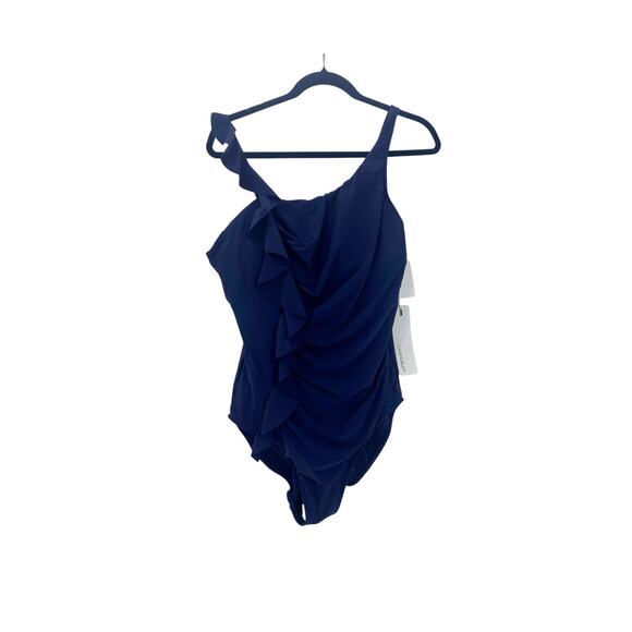 Magicsuit One-Shoulder Ruffle One Piece Swimsuit in Navy Blue Size 16 NWT - Picture 6 of 11